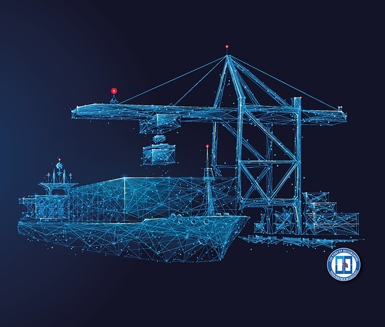 Illustration of a containervessel and crane