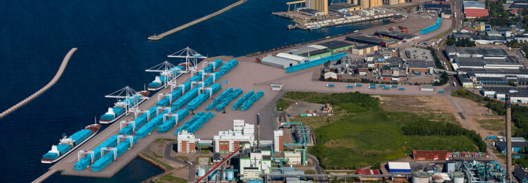 Artist impression of the new container terminal in Port of Helsingborg showing ships and containers