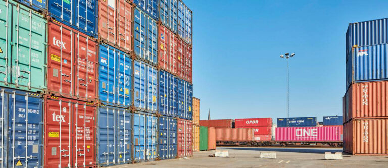 Container stacks in Port of Helsingborg, combi terminal in the background