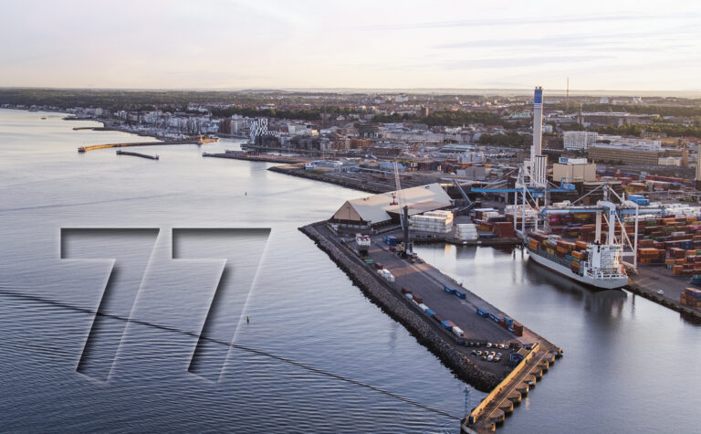 Vybild Helsingborg och hamnen med siffran 77 som indikerar hamnens nöjd kund index 2021