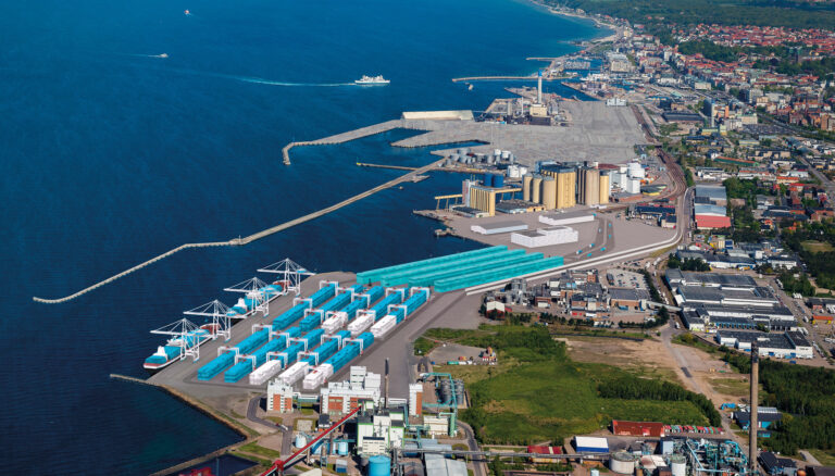 visionsbild över en möjlig containerhamn på ny plats.